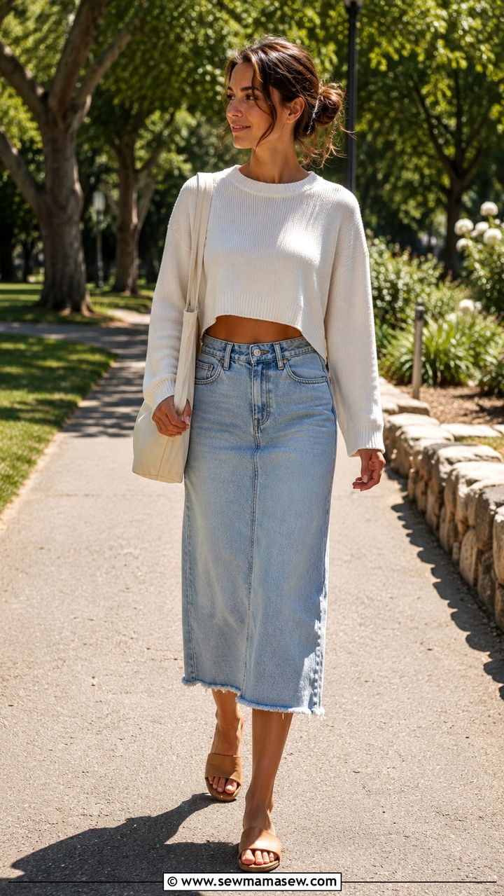 Cropped sweater and denim midi skirt outfit - 30 Sweater and skirt matching set outfit ideas
