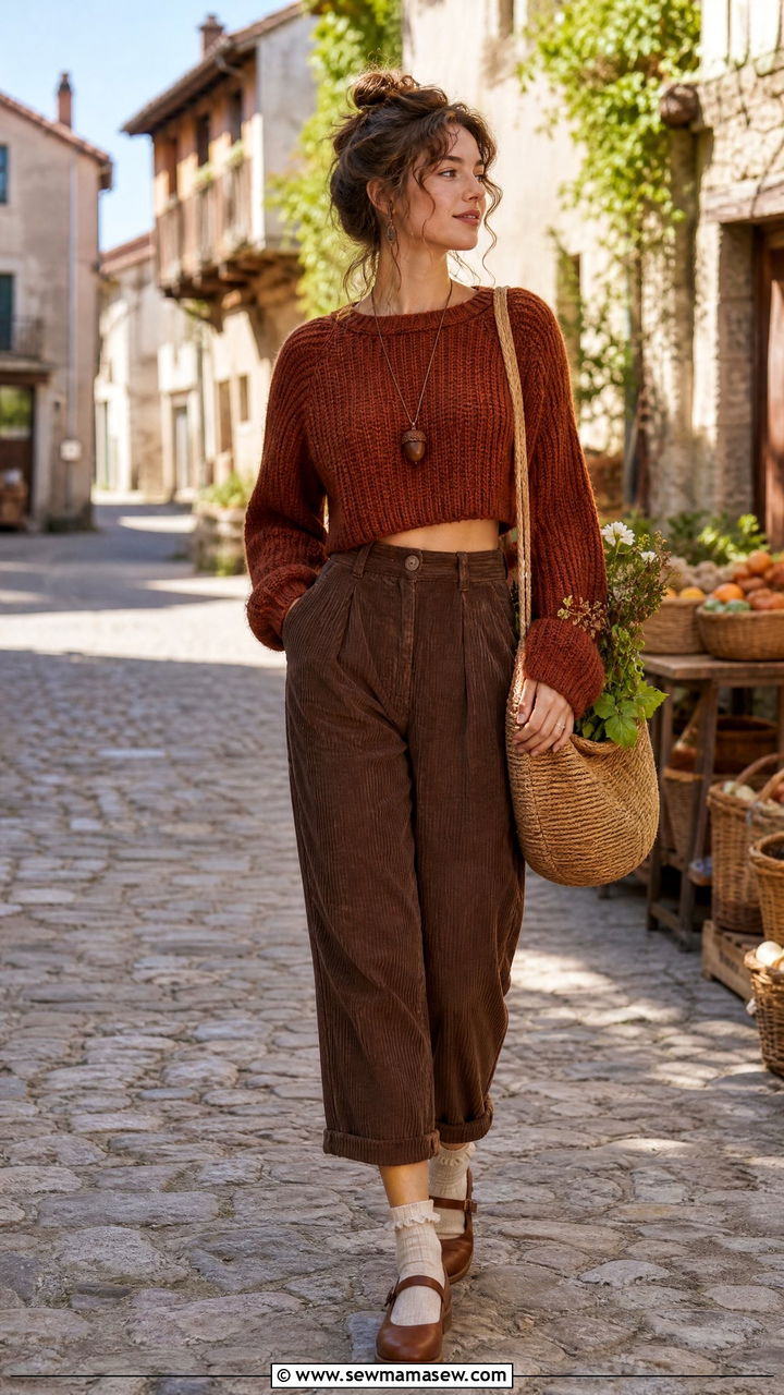 Cropped sweater and high waist corduroy pants with Mary Jane shoes - 30 Goblincore outfit ideas