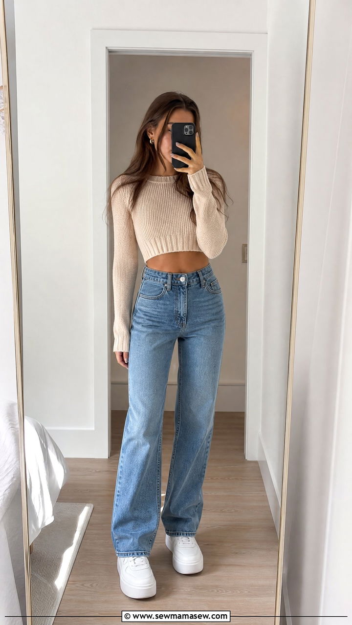 Cropped sweater and high waisted jeans look - 25 High school picture day outfit ideas