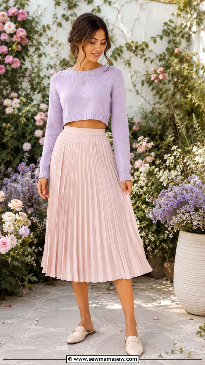 Cropped sweater and pleated midi skirt outfit - 30 Sweater and skirt matching set outfit ideas