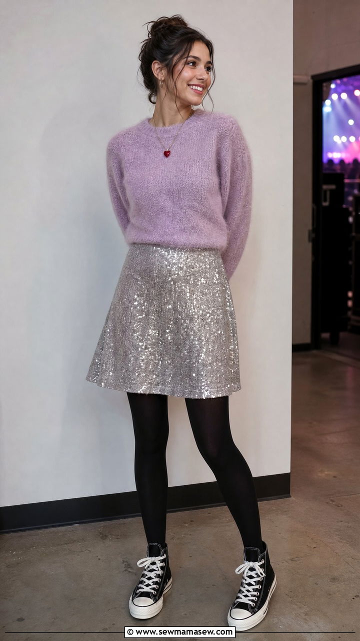 Cropped sweater and sparkly mini skirt - 20 Olivia Rodrigo concert outfit ideas