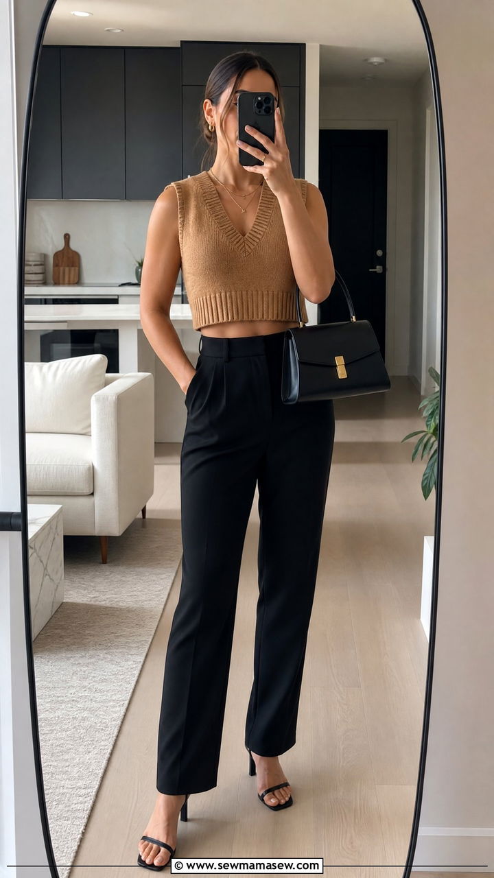 Cropped sweater vest with high waisted trousers - 30 chic sweater vest outfit ideas