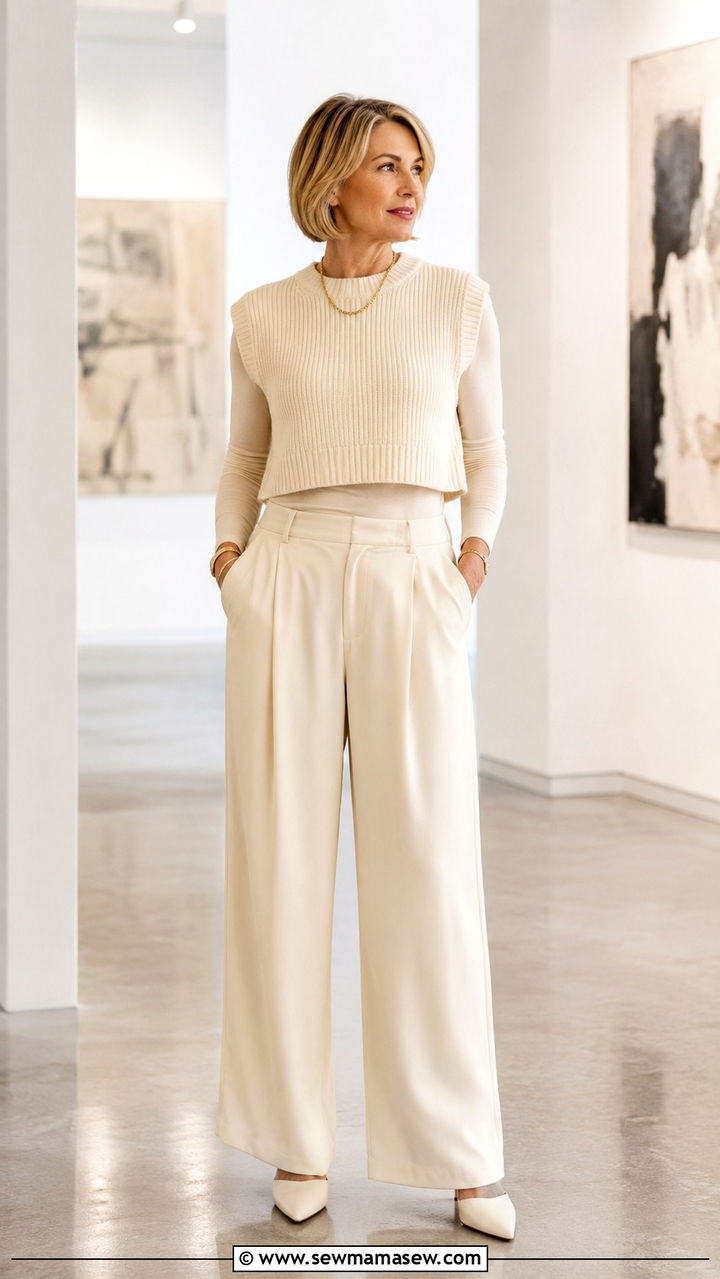 Cropped sweater vest with wide leg pants - 30 sweater vest outfits for women over 40