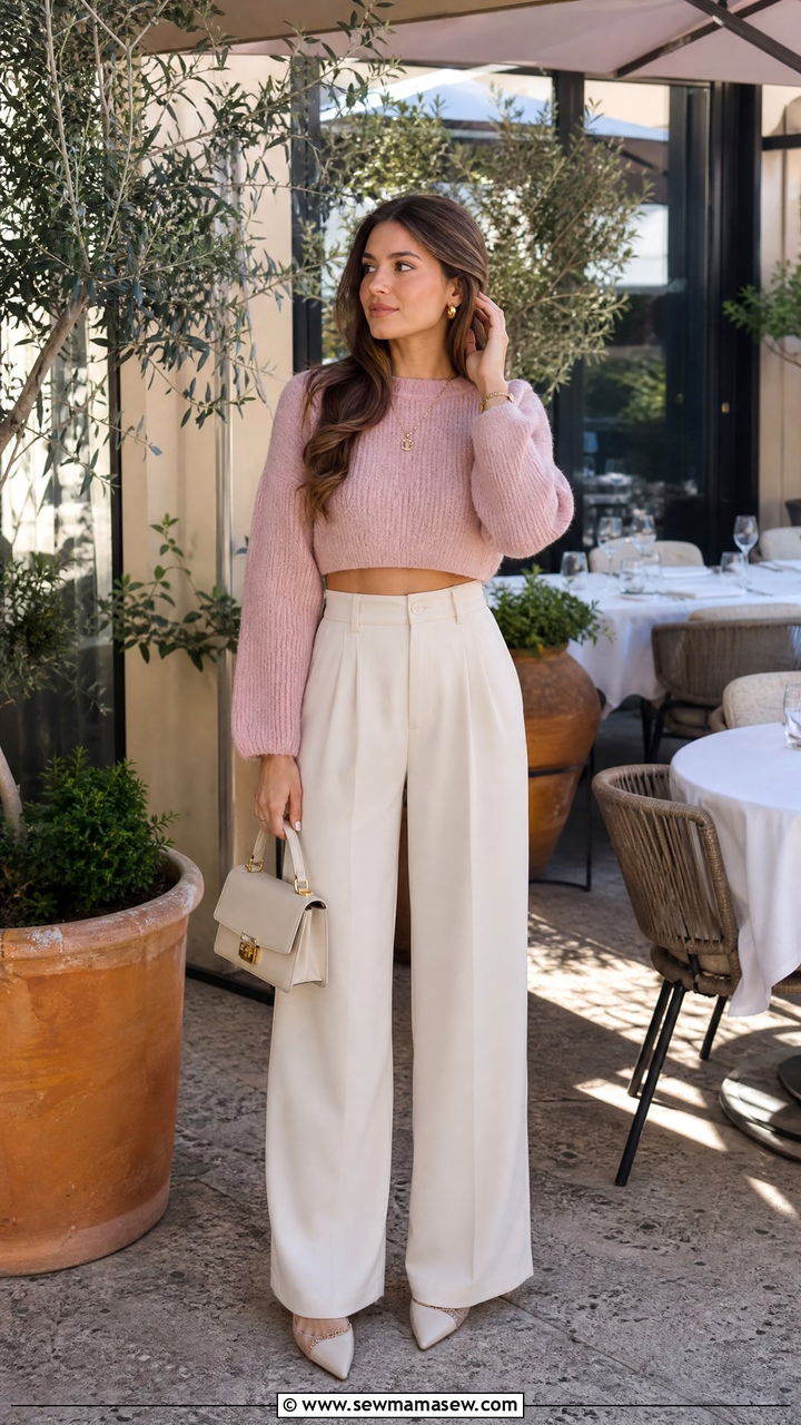 Cropped sweater with high waist trousers outfit - 30 Cozy spring outfit ideas 2026
