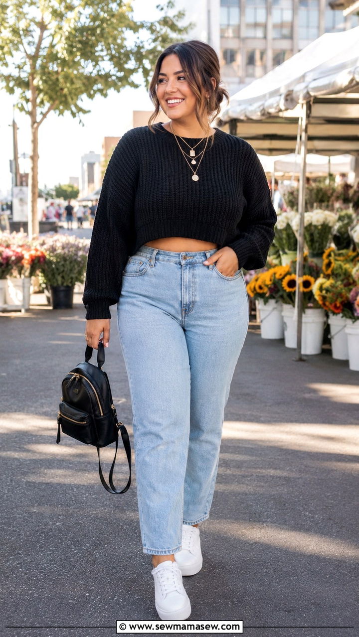 Cropped sweater with high waisted jeans outfit - 30 Sweater outfit ideas plus size