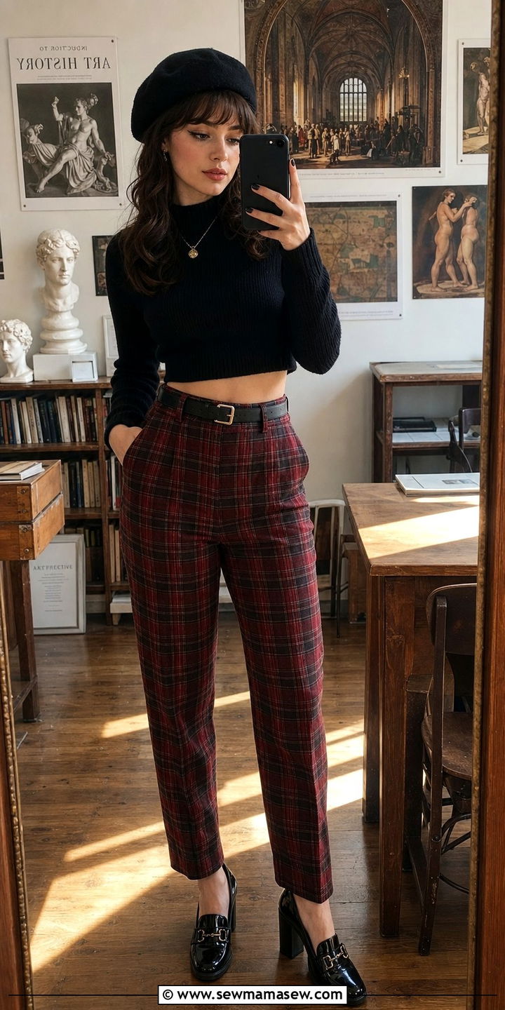 Cropped sweater with high waisted plaid pants and heeled loafers - 25 Dark academia outfit ideas 2026