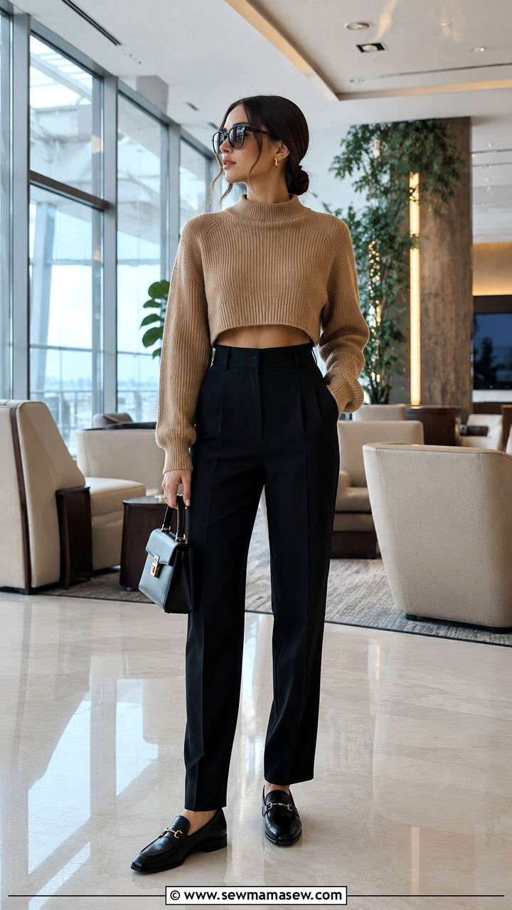 Cropped sweater with high waisted trousers - 25 Airport outfit ideas for international travel