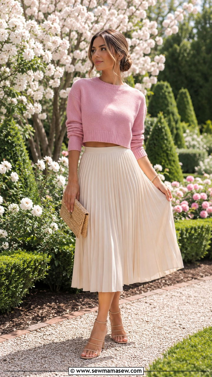 Cropped sweater with midi skirt and heeled sandals - 30 Midi skirt outfit ideas with a sweater