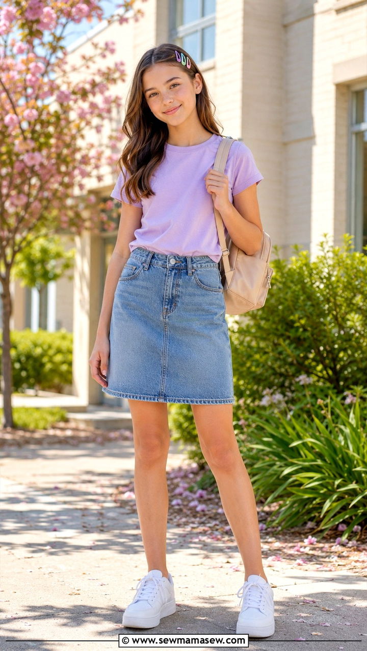 Cropped sweater with midi skirt and white sneakers - 30 Spring outfits for tweens