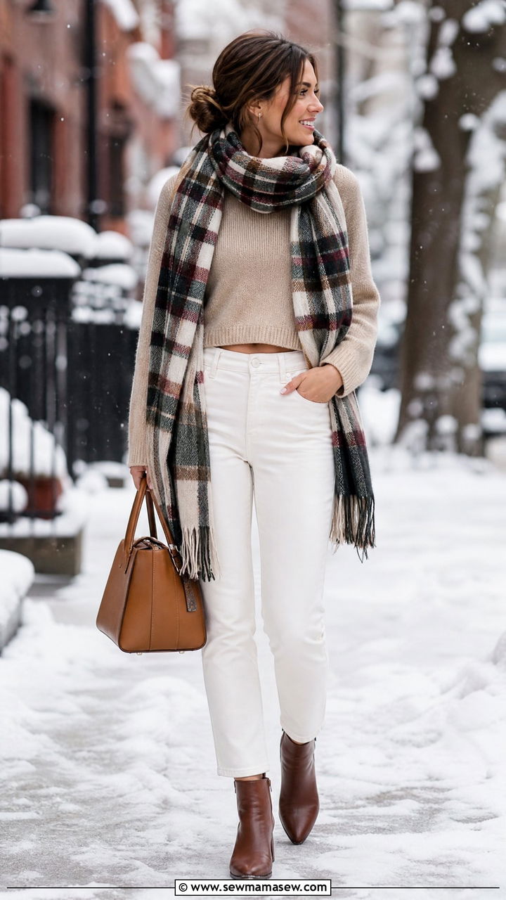 Cropped sweater with white jeans and a scarf - 25 How to style a cropped sweater