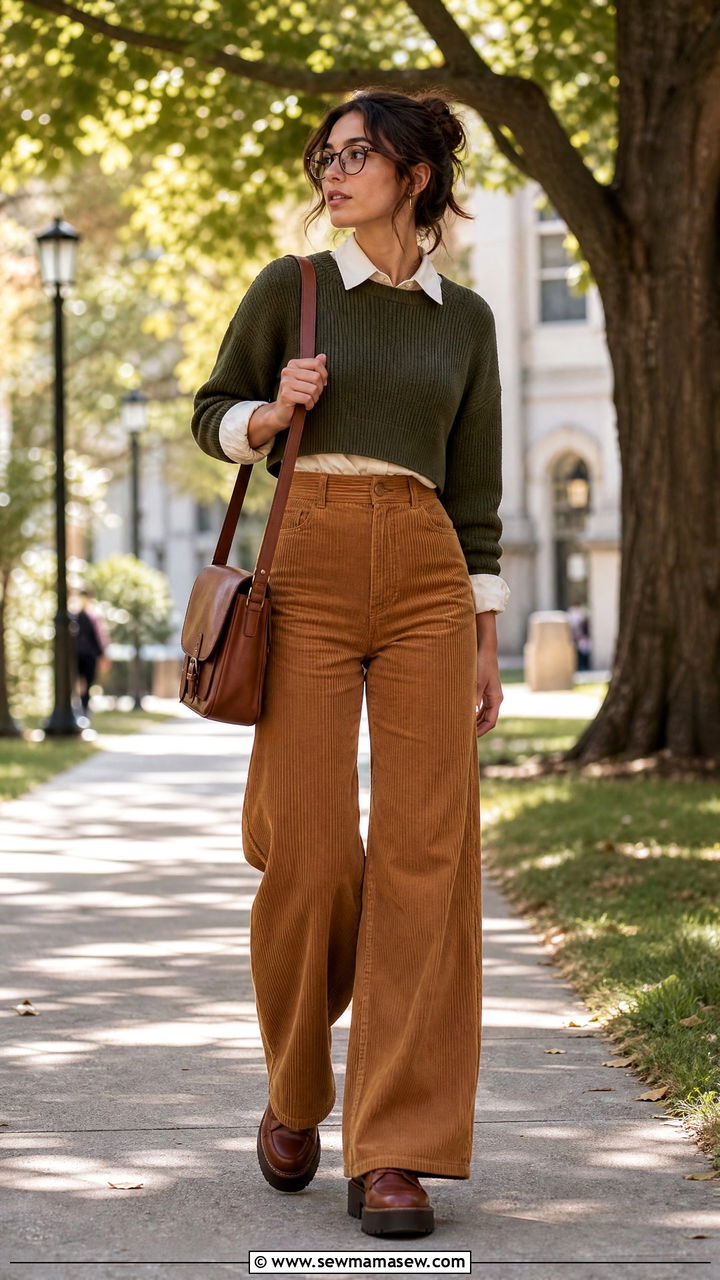 Cropped sweater with wide leg corduroy pants - 30 Dark academia school outfits