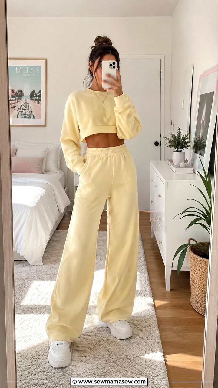 Cropped sweatshirt and high waist wide leg sweatpants remote outfit - 30 Remote worker outfit ideas