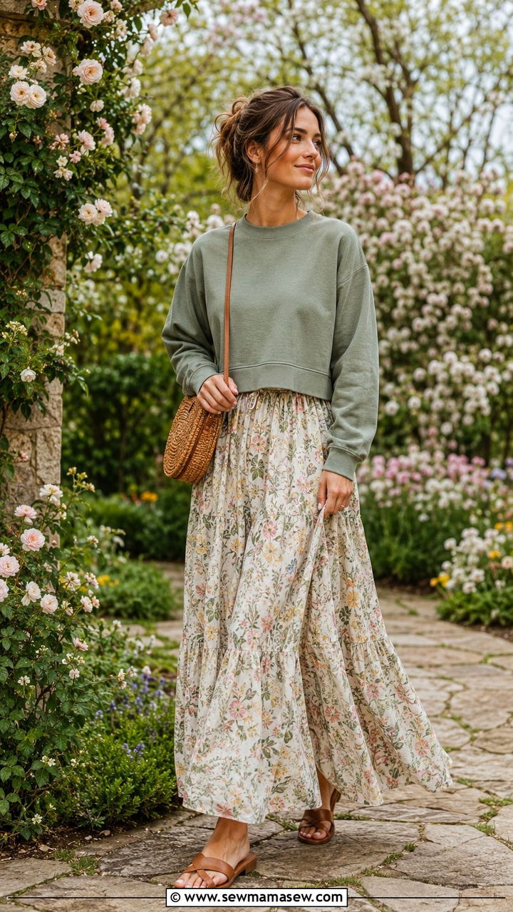 Cropped sweatshirt over a floral maxi dress - 30 Spring outfits with sweatshirt