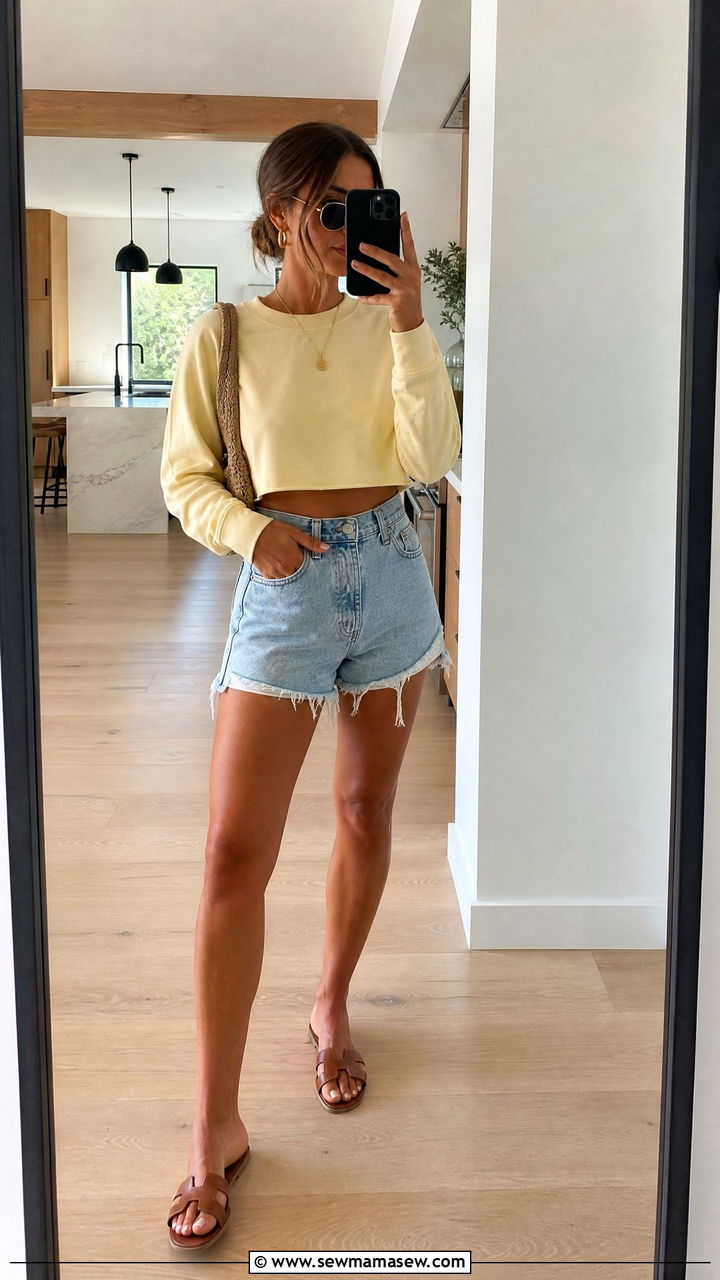 Cropped sweatshirt with high waisted denim shorts - 30 Summer outfits with sweatshirt