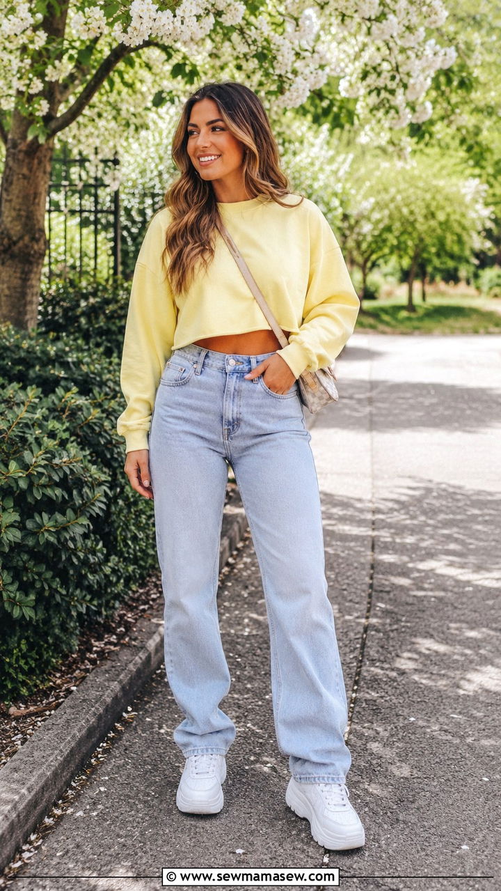 Cropped sweatshirt with high waisted jeans - 30 Spring outfits with sweatshirt