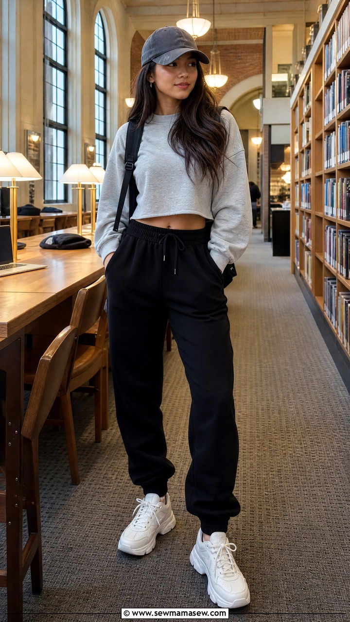 Cropped sweatshirt with high waisted joggers and chunky sneakers - 30 College library outfit ideas