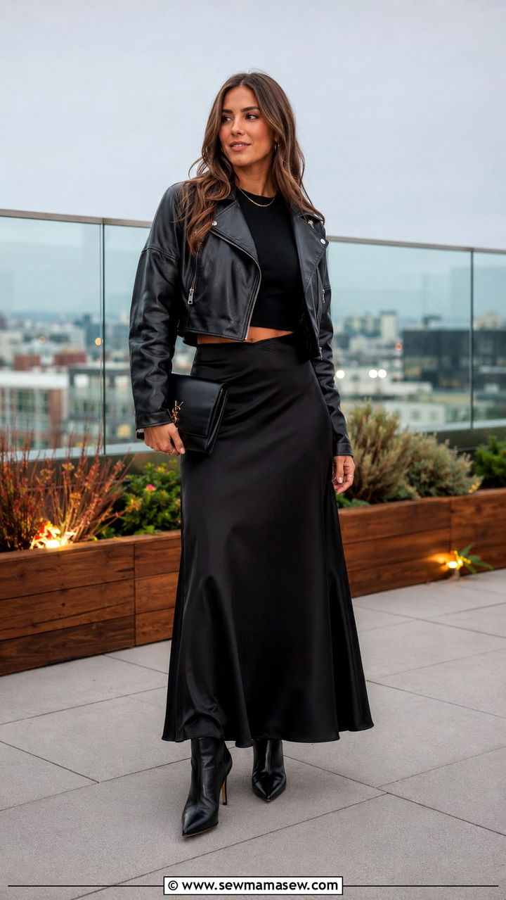Cropped sweatshirt with satin maxi skirt and leather jacket - 30 Spring outfits with sweatshirt