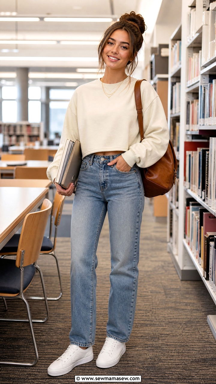 Cropped sweatshirt with straight leg jeans - 30 College study session outfit ideas
