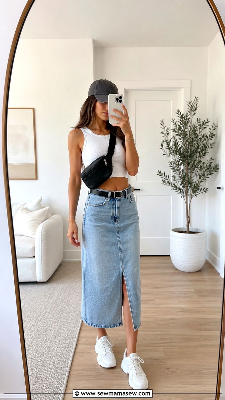Cropped tank and denim midi skirt with belt bag and baseball cap - 20 cute Pinterest outfits