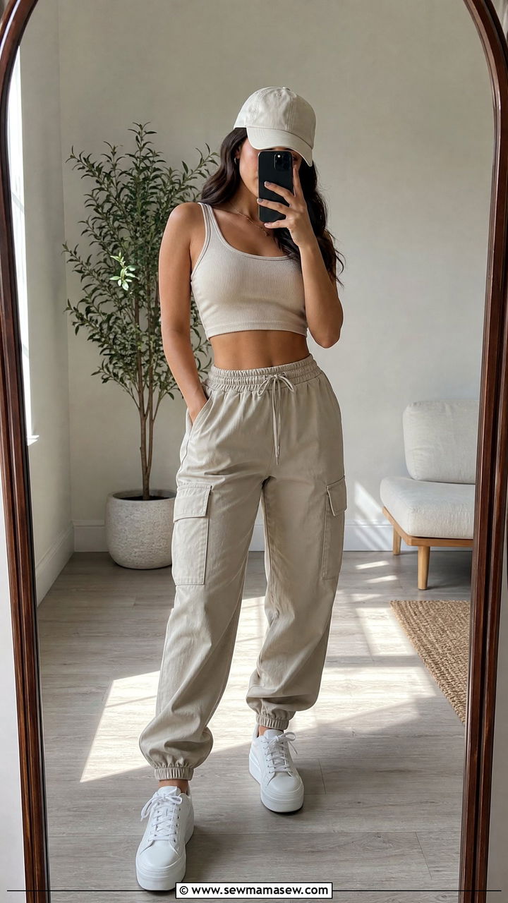 Cropped tank with high waisted cargo joggers - 30 Summer outfits with joggers