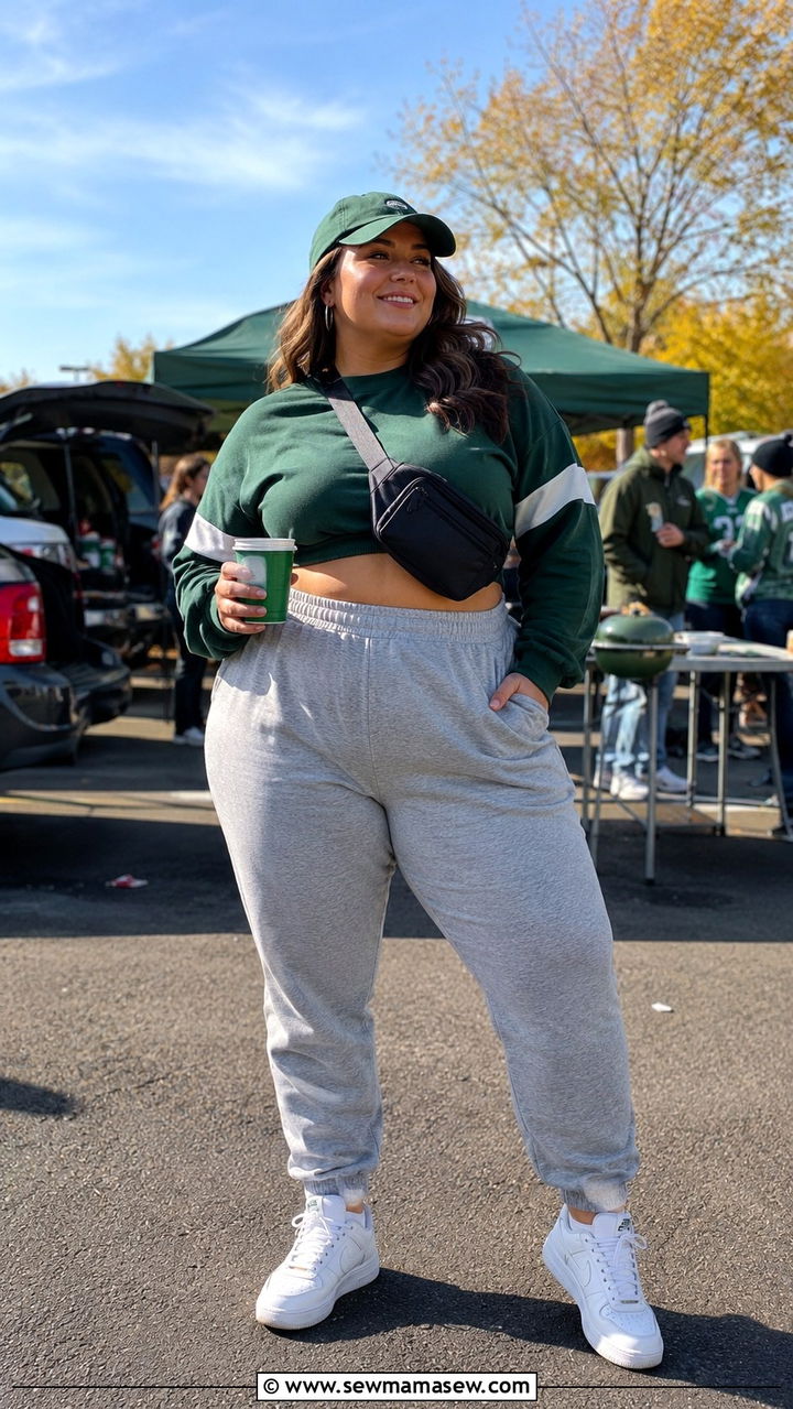 Cropped team crewneck sweatshirt with high waisted joggers outfit - 30 Plus size tailgate outfit ideas
