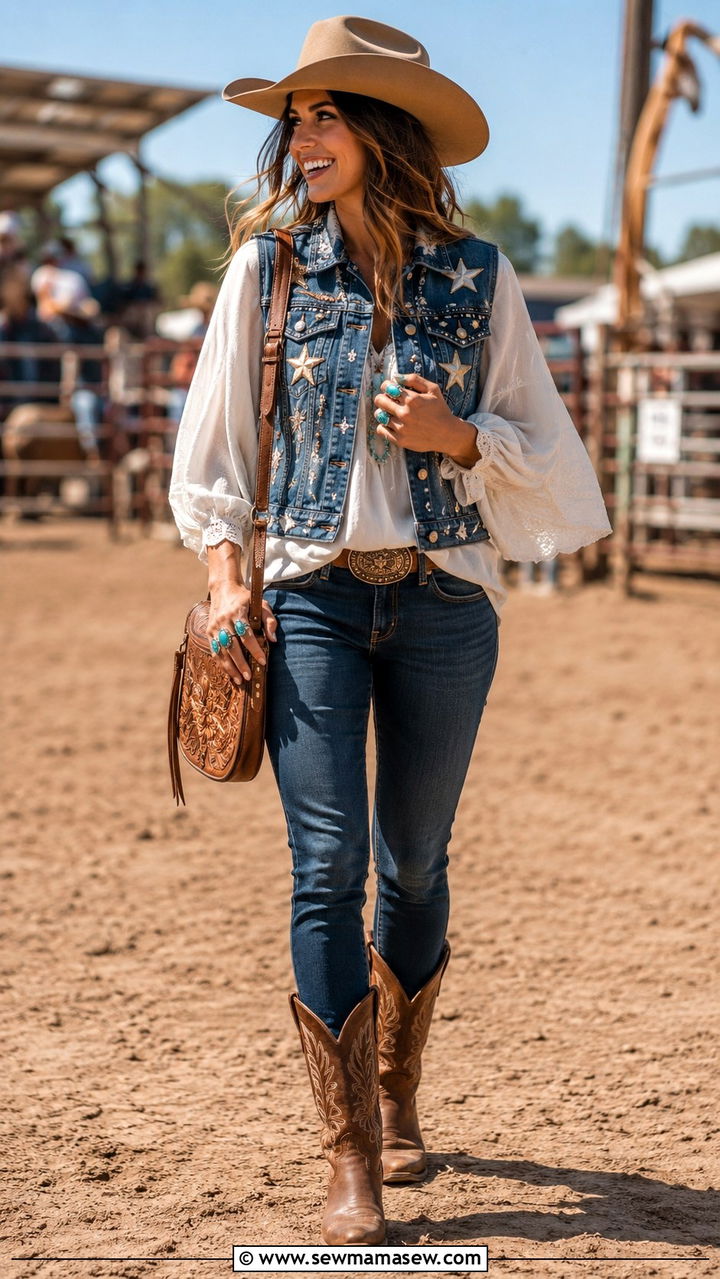 Cropped tee with white cowboy boots outfit - 20 Western outfit ideas Miranda Lambert style