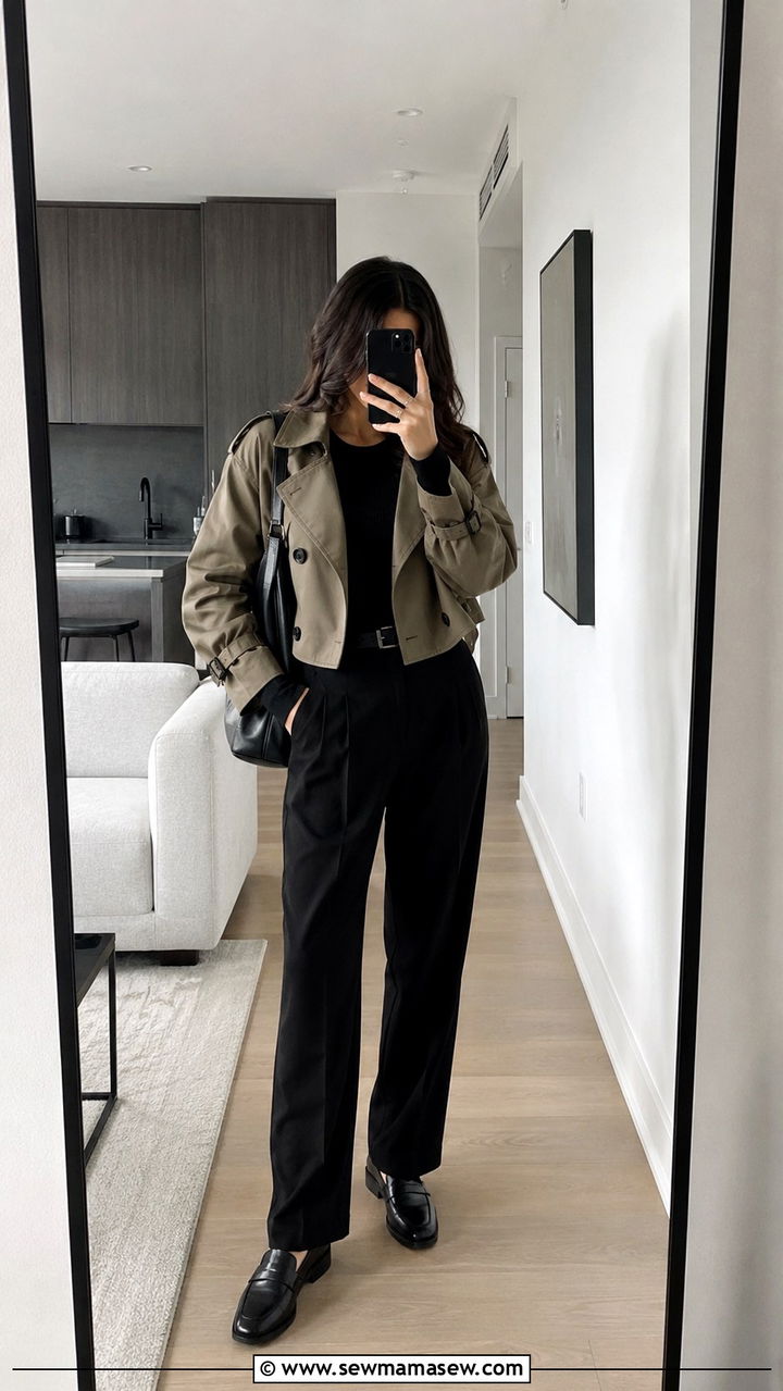 Cropped trench coat all black monochrome outfit - 20 cropped trench outfits aesthetic