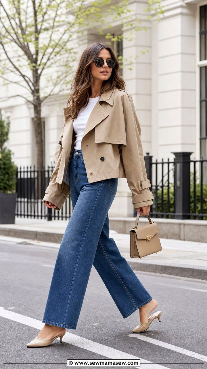 Cropped trench coat and wide leg jeans spring outfit - 25 Cute spring outfit ideas 2026