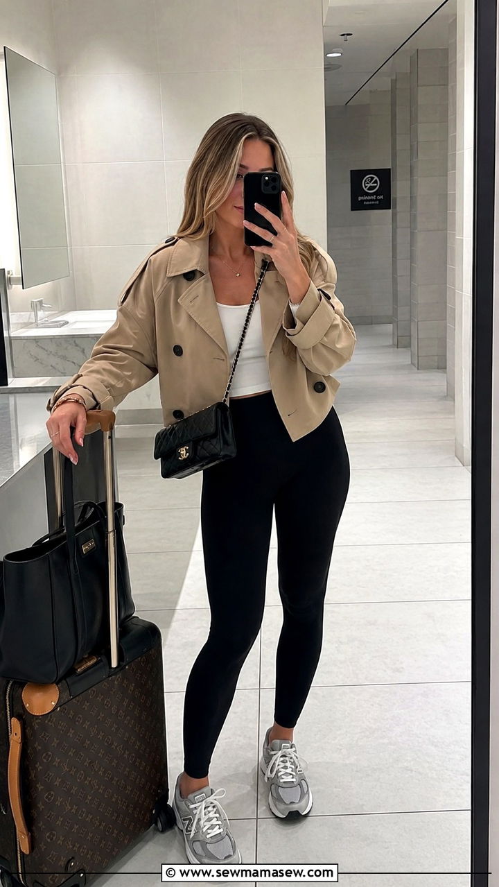 Cropped trench coat over premium black leggings - 30 Quiet luxury outfit ideas for airport