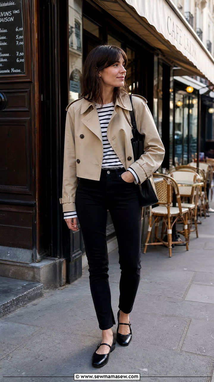 Cropped trench coat with Parisian stripes - 25 chic cropped trench coat outfit ideas