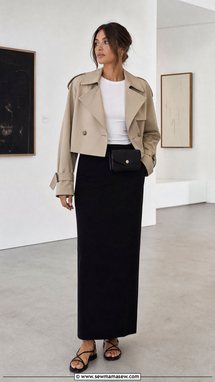 Cropped trench coat with a column skirt - 25 chic cropped trench coat outfit ideas