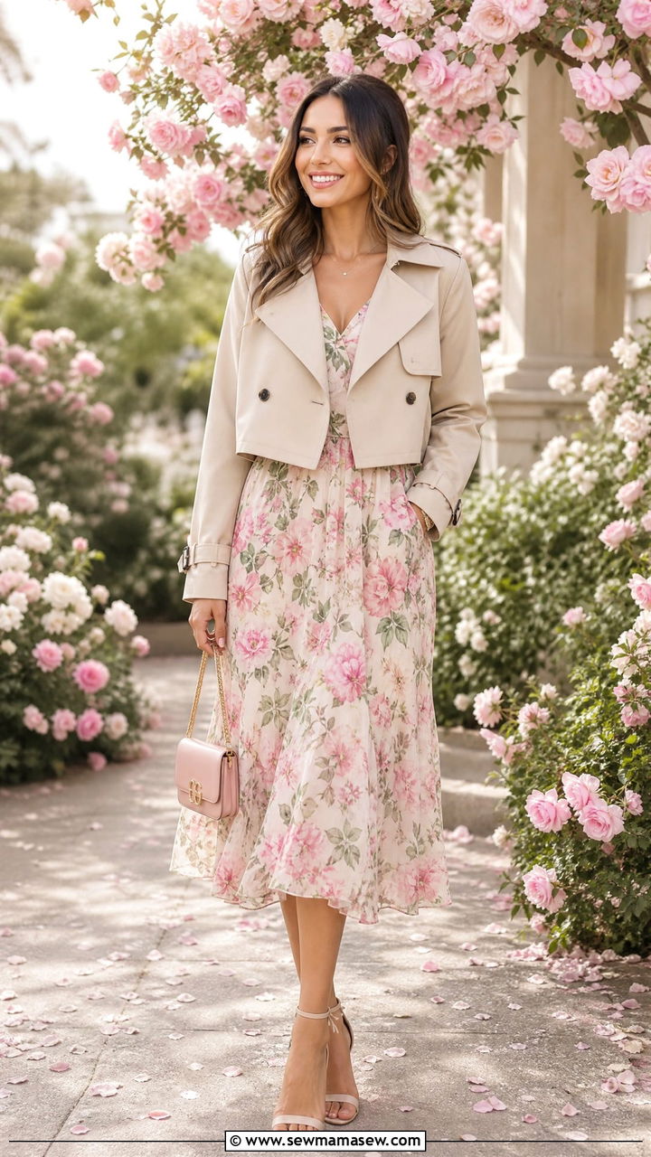 Cropped trench coat with a floral dress - 25 chic cropped trench coat outfit ideas