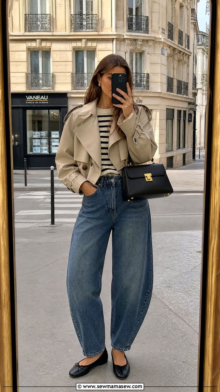 Cropped trench coat with barrel leg jeans - 25 chic cropped trench coat outfit ideas