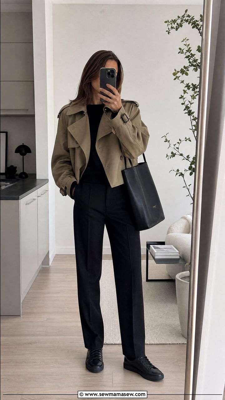 Cropped trench coat with black trousers and knit - 25 chic cropped trench coat outfit ideas