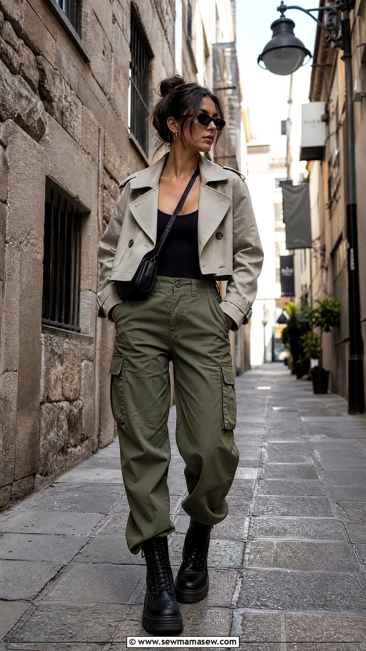 Cropped trench coat with cargo pants - 25 chic cropped trench coat outfit ideas