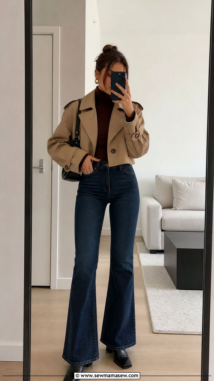 Cropped trench coat with high waist flare jeans and square toe boots - 30 Flare jeans outfit ideas with a trench coat