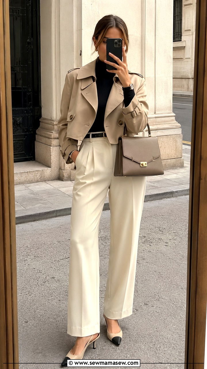 Cropped trench coat with high waist pants outfit - 30 jacket outfits 2026