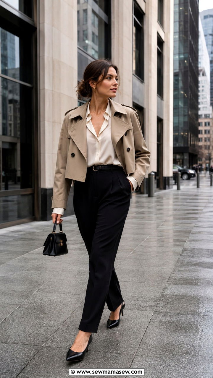 Cropped trench coat with high waist tailored trousers - 30 Overcast day outfit ideas