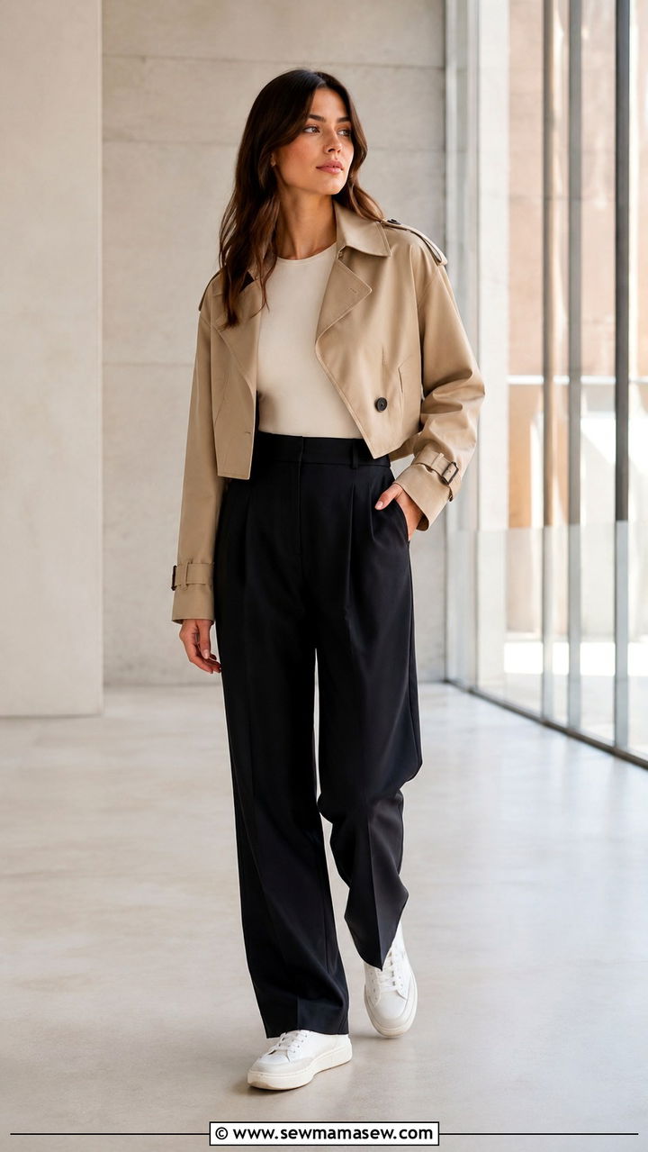 Cropped trench coat with high waist trousers and low profile sneakers - 30 Long trench coat outfit ideas with sneakers