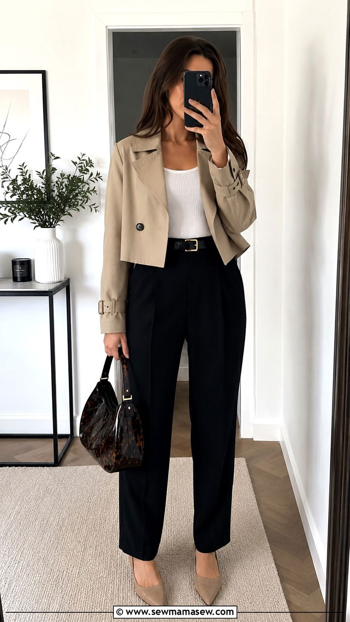 Cropped trench coat with high waist trousers and pointed toe flats - 30 Spring outfits with trench coat