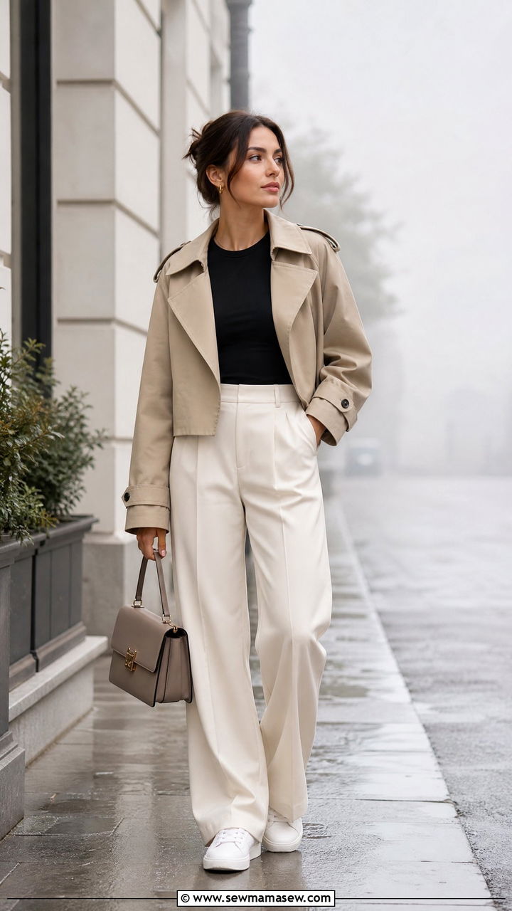 Cropped trench coat with high waist wide leg trousers - 25 Foggy day outfit ideas