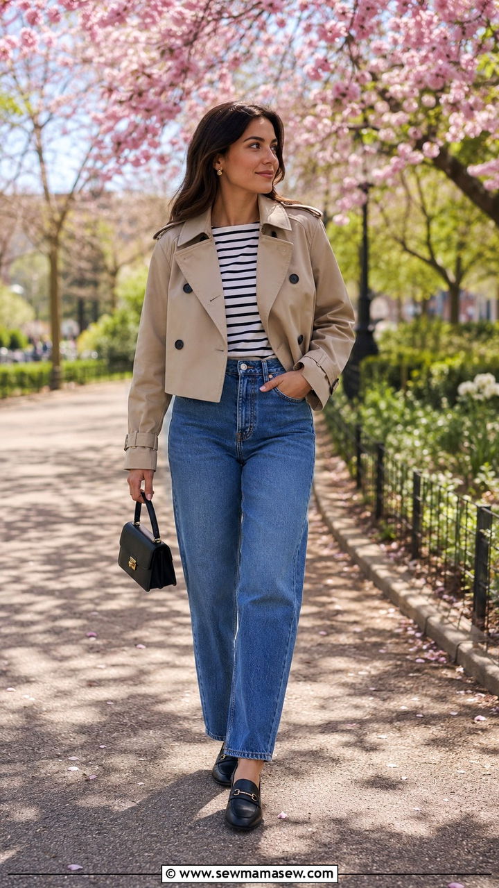 Cropped trench coat with high waisted jeans and loafers - 20 Low key spring outfit ideas 2026