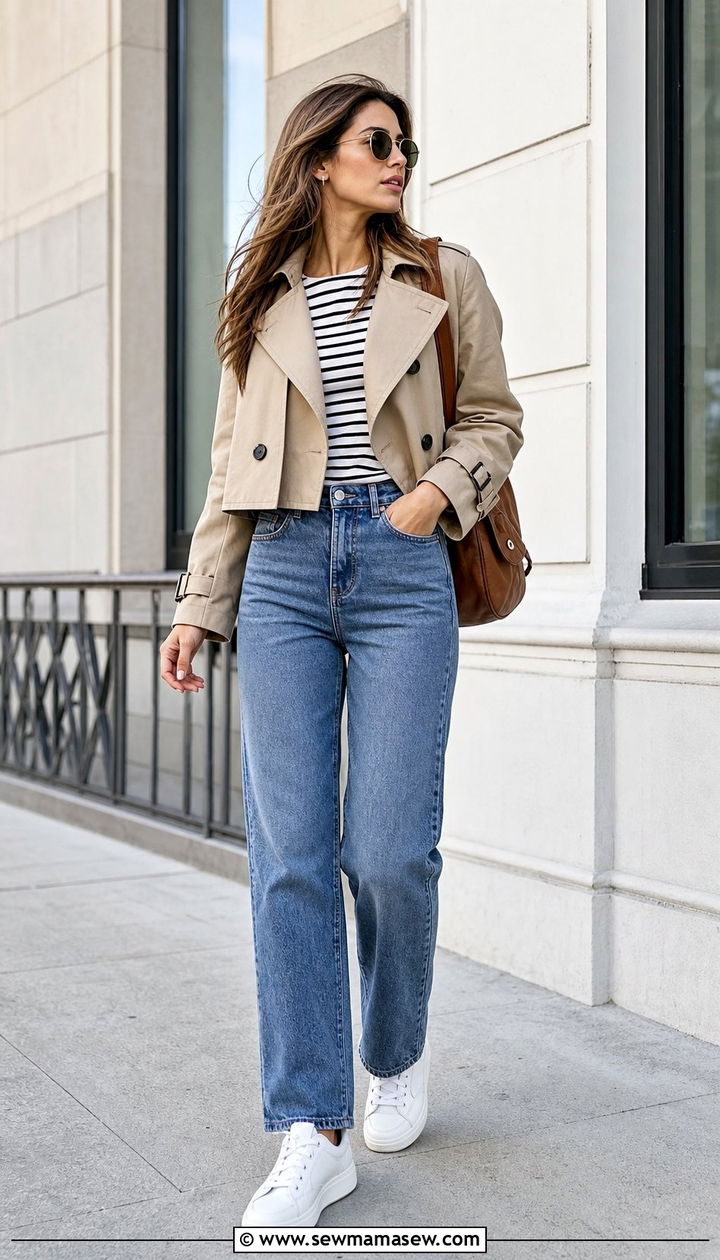 Cropped trench coat with high waisted straight leg jeans - 25 spring outfits for long torso women