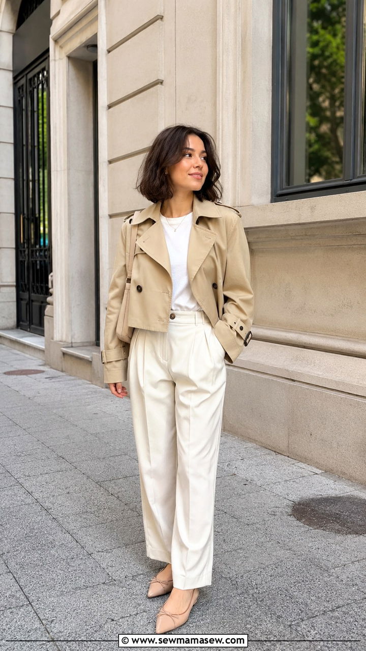 Cropped trench coat with high waisted trousers - 30 Spring outfits for short women