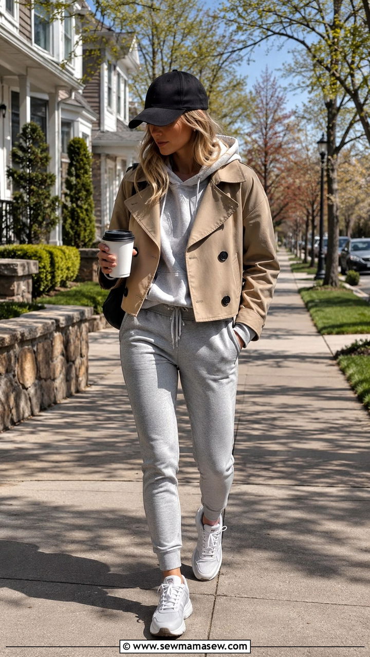 Cropped trench coat with hoodie and joggers - 20 cropped trench outfits aesthetic