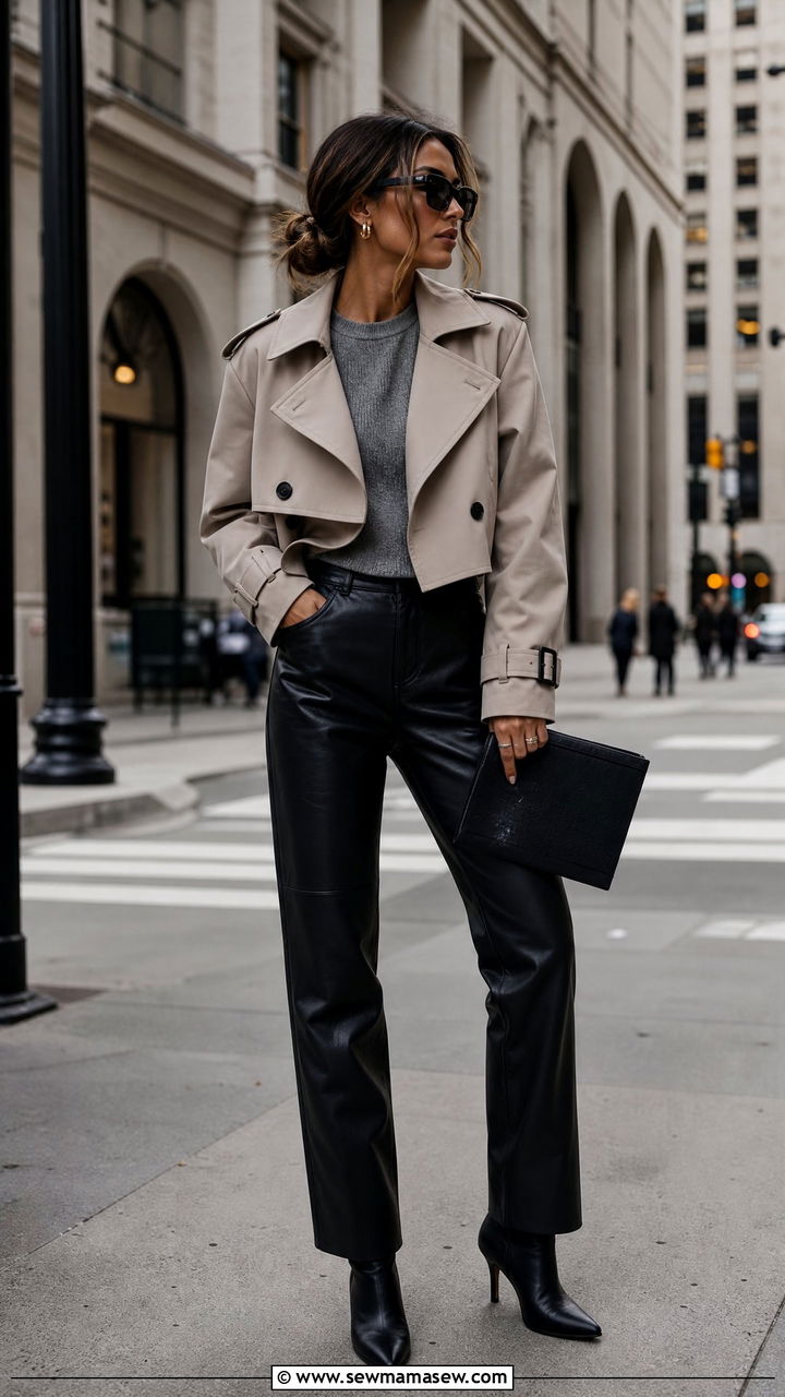 Cropped trench coat with leather pants - 25 chic cropped trench coat outfit ideas