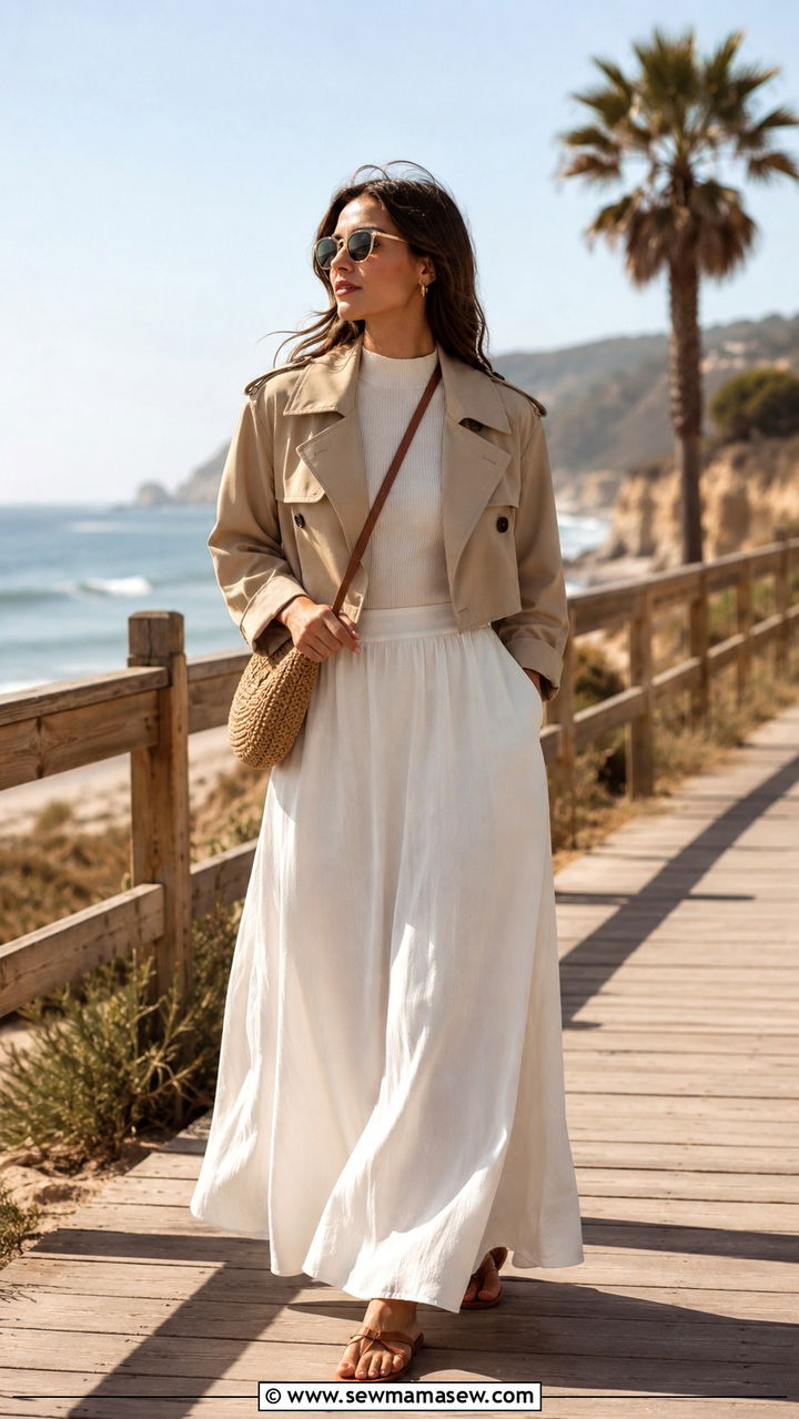 Cropped trench coat with maxi skirt - 20 cropped trench outfits aesthetic