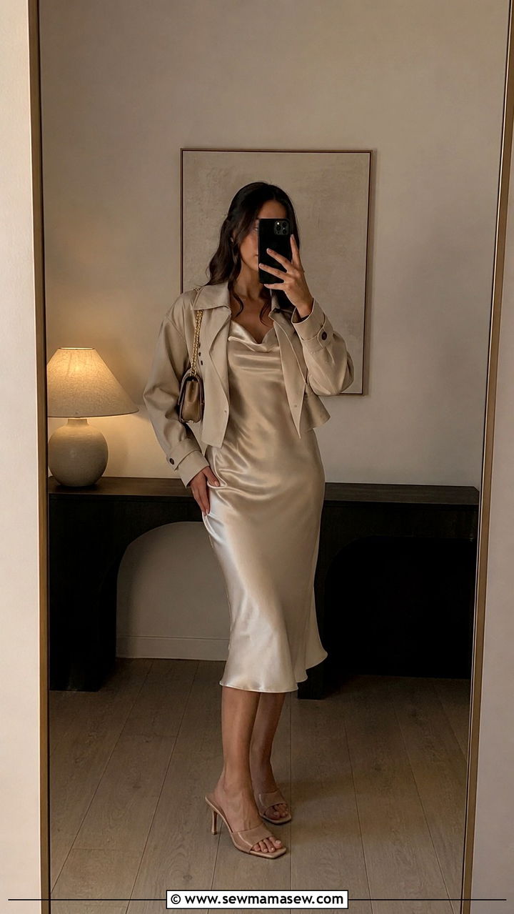 Cropped trench coat with satin midi slip dress and heeled mules - 25 Petite outfit ideas with trench coat