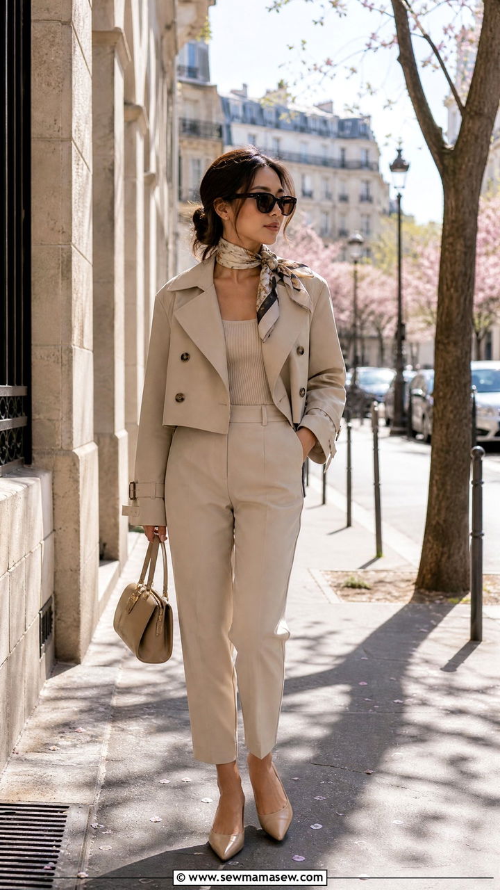 Cropped trench coat with slim tailored trousers - 25 Petite outfit ideas for Europe
