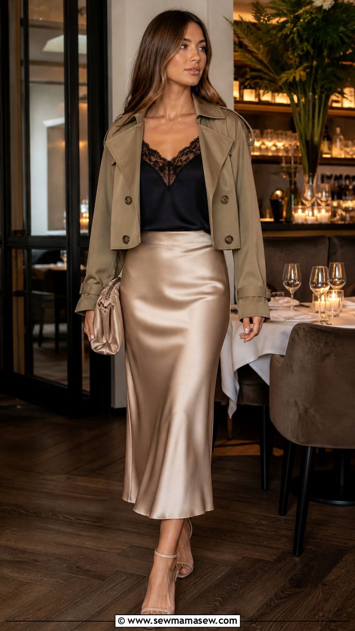 Cropped trench coat with slip skirt - 20 cropped trench outfits aesthetic